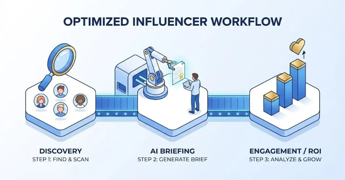 Illustration of an AI-powered influencer marketing workflow from discovery to ROI.