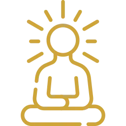White and gold icon of a person sitting in meditation with light beams surrounding its' head