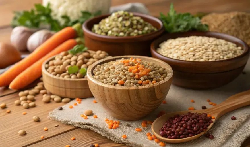 Variety of lente carbohydrates on a rustic table.