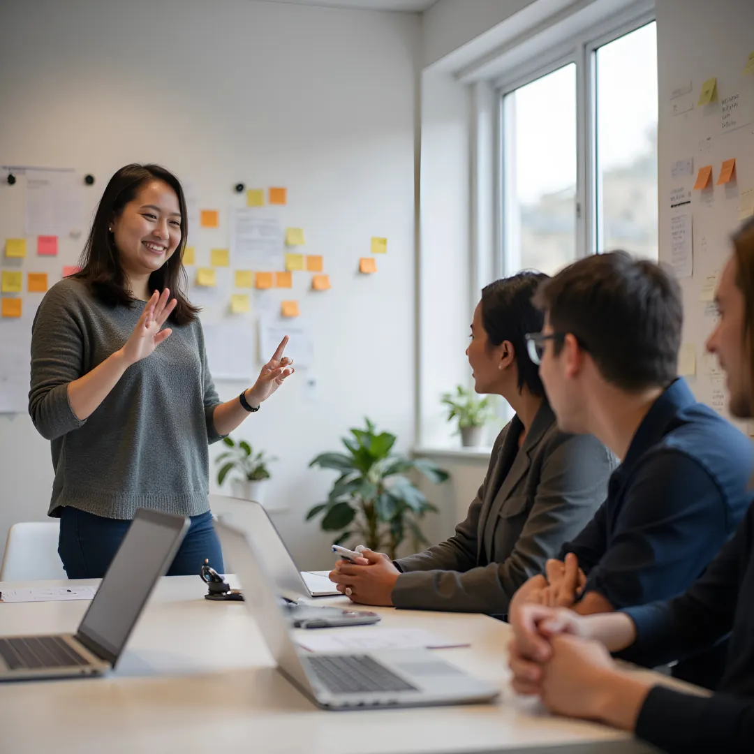 Deaf Asian woman signing ASL at a meeting