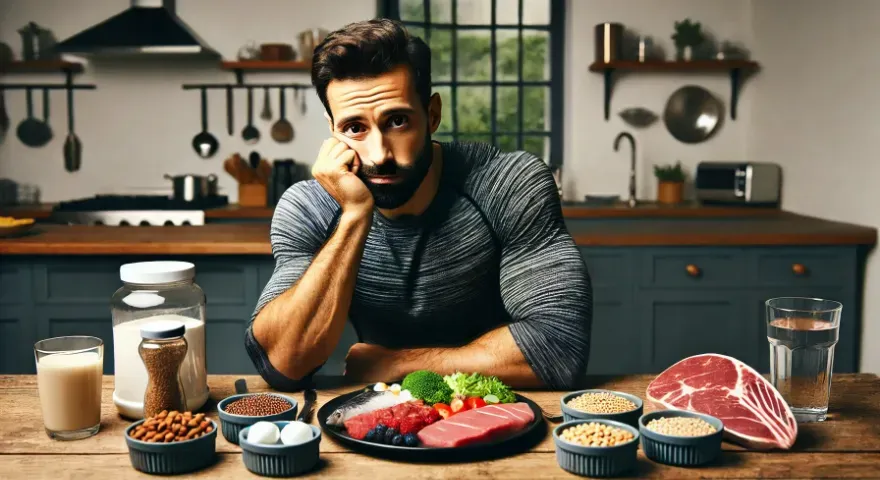 a man sitting at his table with nothing but high protein rich foods in front of him.