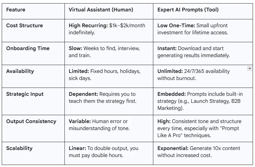 Virtual Assistant vs Expert AI Prompts table