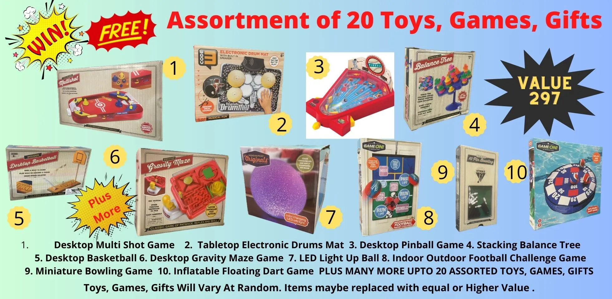 Win Free 20 Assorted Toys, Games, and Gifts