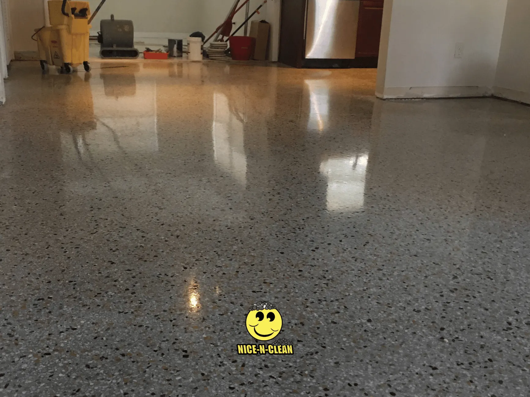 Residential terrazzo that is clean, polished, and sealed.