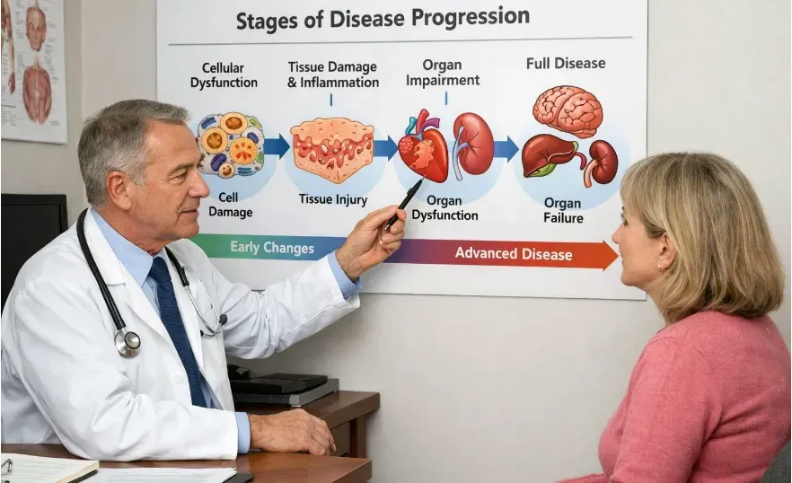 A doctor with a patient pointing to a diagram in his office showing a conceptual diagram of disease progression.