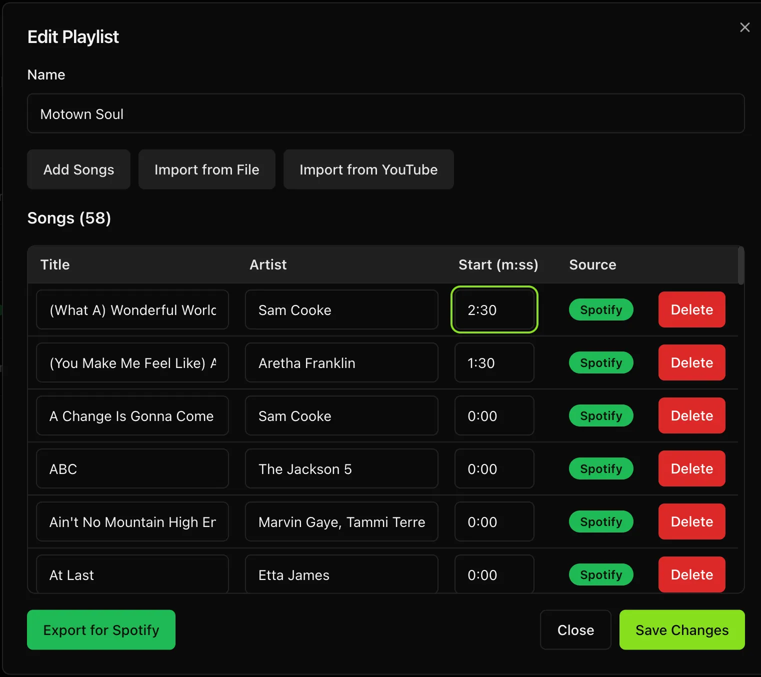 Music Bingo Car Generator per-song start times