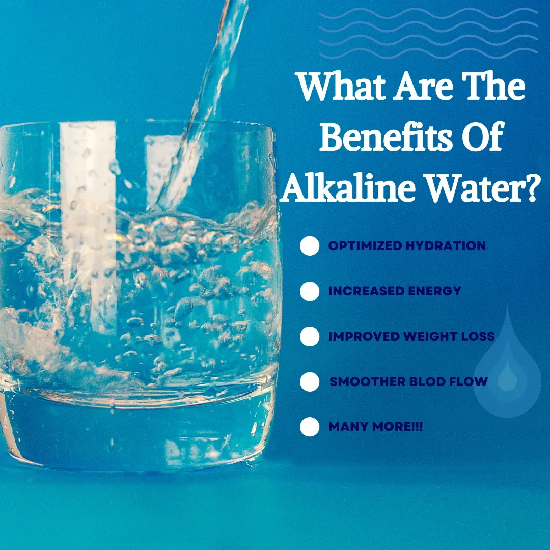 Educational image with a clear glass being filled with water, alongside the headline 'What Are The Benefits Of Alkaline Water?' Listed benefits include 'OPTIMIZED HYDRATION, INCREASED ENERGY, IMPROVED WEIGHT LOSS, SMOOTHER BLOOD FLOW, MANY MORE!!!' with bullet points on a vibrant turquoise background, highlighting the health claims associated with drinking alkaline water.