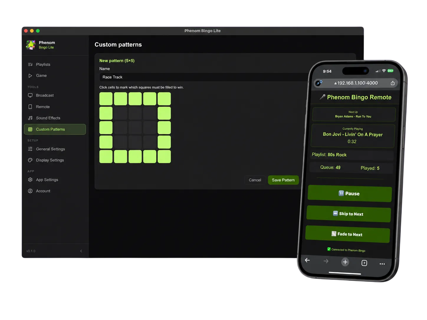 phenom bingo lite - custom patterns and remote control