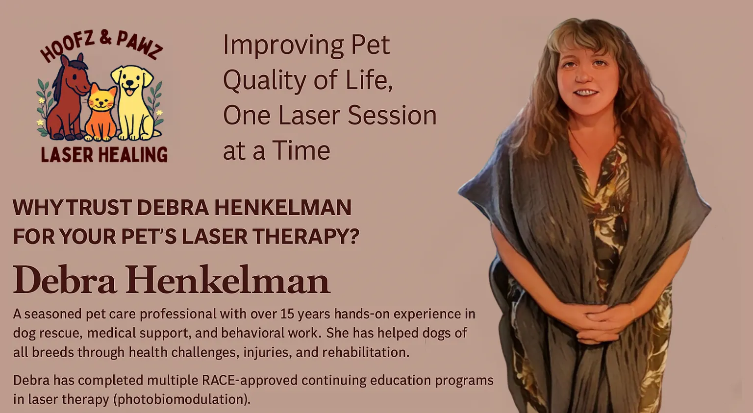 Debra Henkelman, experienced pet care specialist in Kamloops, offering red light laser therapy for dogs and cats