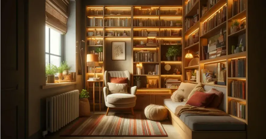 A cozy, well-lit reading nook in a home with shelves of books, comfortable seating, and warm, inviting colors.