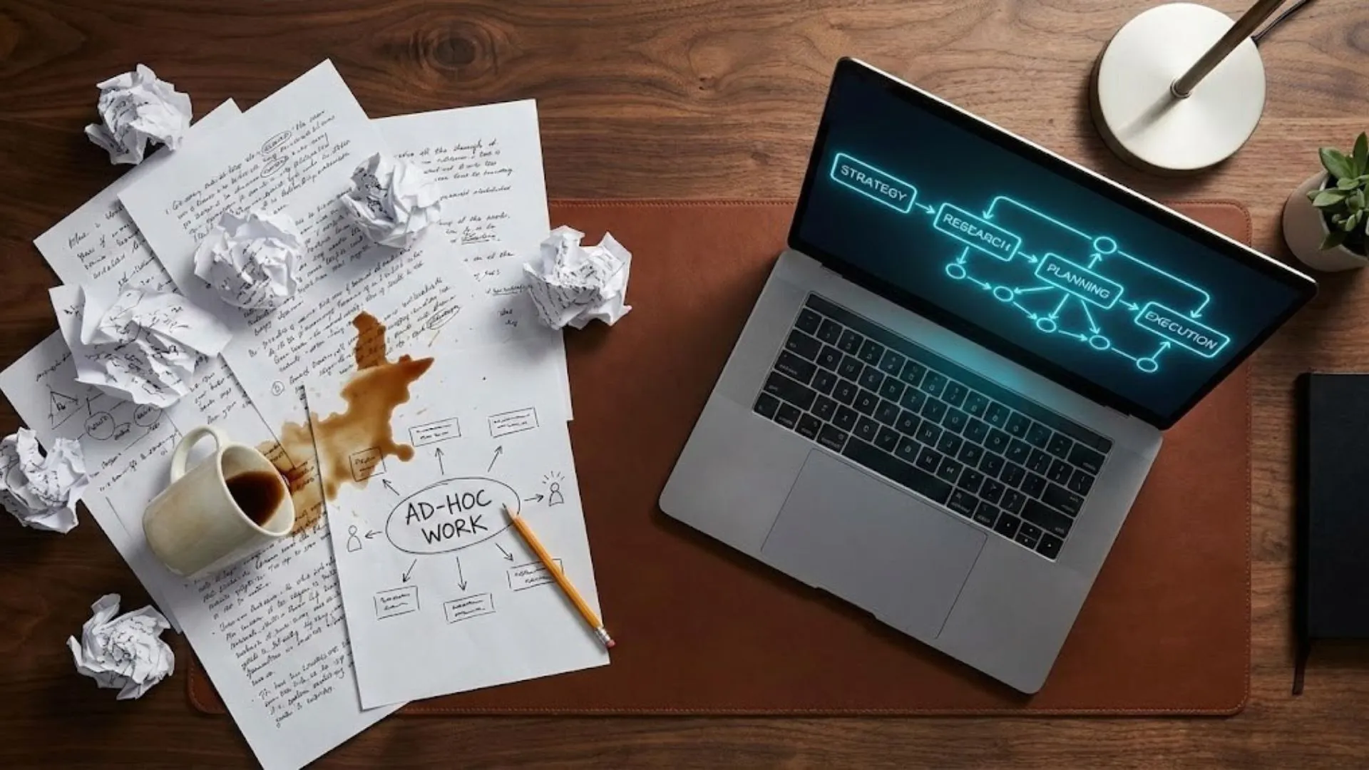  desk showing messy notes compared to a clean, structured AI workflow on a laptop.