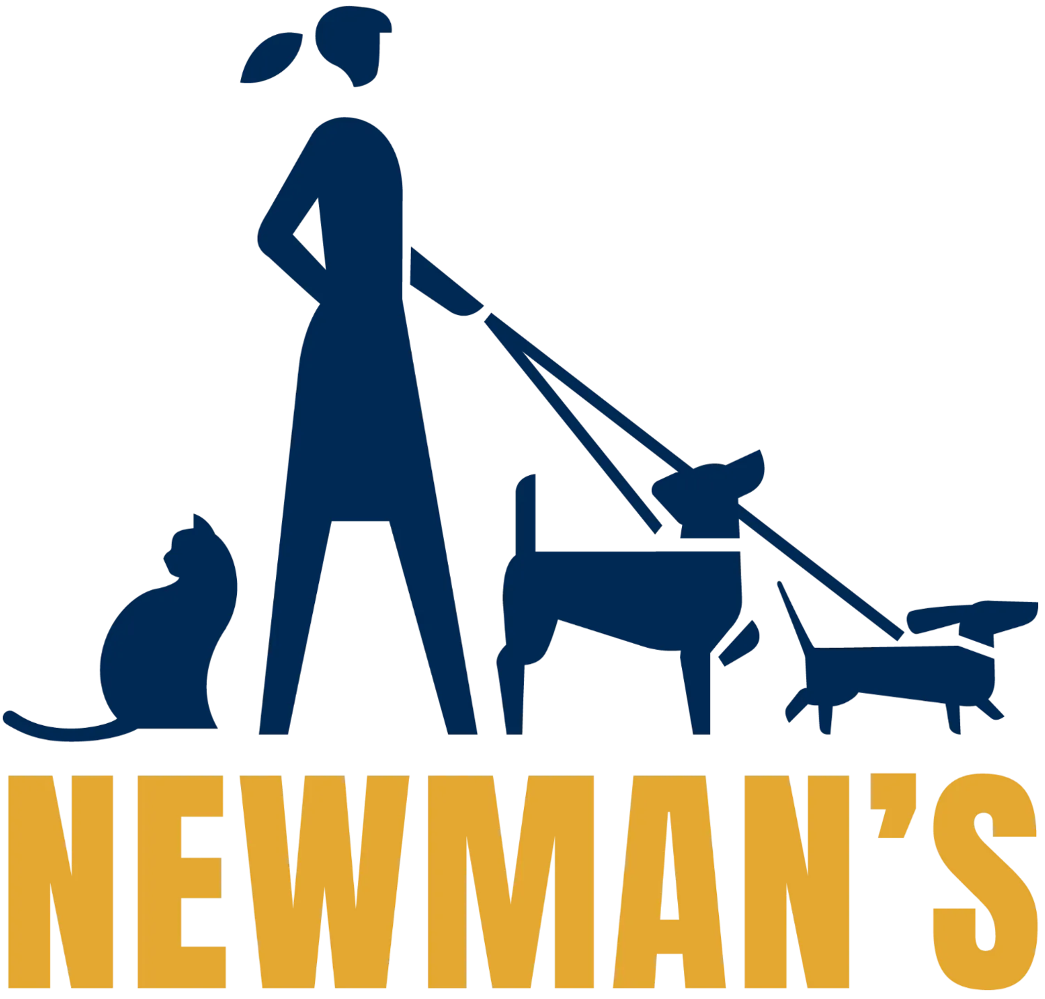 Newman's Dog Training LLC logo cat and woman walking 2 dogs