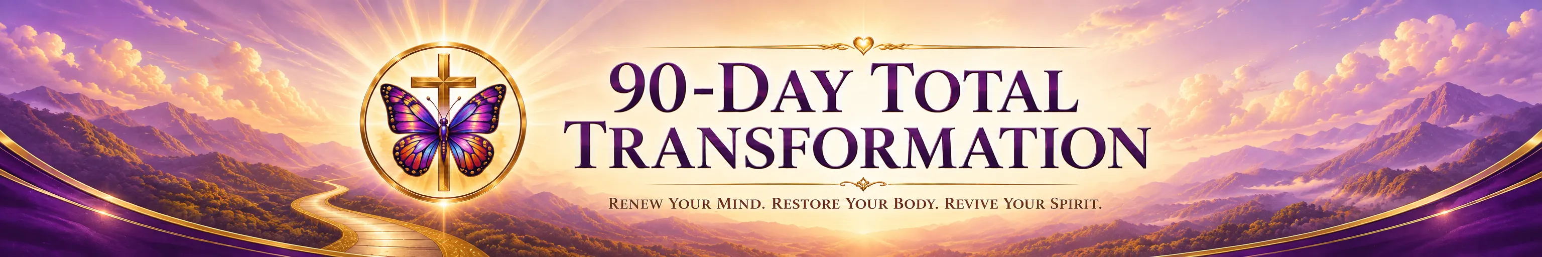 Wide faith-centered banner for the 90-Day Total Transformation program set against a luminous sunrise landscape in soft gold, lavender, and purple. Large elegant purple lettering across the center reads “90-Day Total Transformation.” Beneath it, the program’s three-part message reads: “Renew Your Mind. Restore Your Body. Revive Your Spirit.”  On the left, a radiant gold Christian cross rises behind a vivid purple, violet, orange, and gold butterfly, both enclosed within a glowing circular emblem. The butterfly and cross symbolize transformation grounded in Christian faith. Rays of golden light spread outward from the emblem and across the sky.  Below the title, a winding golden road travels through purple mountain valleys toward a brilliant sunrise on the horizon, visually representing a guided journey of growth, restoration, renewed purpose, and forward progress. Flowing purple-and-gold accents frame the lower corners, giving the banner a polished, uplifting appearance. Overall, the design presents the 90-Day Total Transformation as a faith-centered journey to renew the mind, restore the body, and revive the spirit.