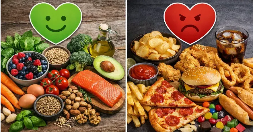 Side-by-side visual of whole foods and ultra-processed foods with heart icons indicating impact