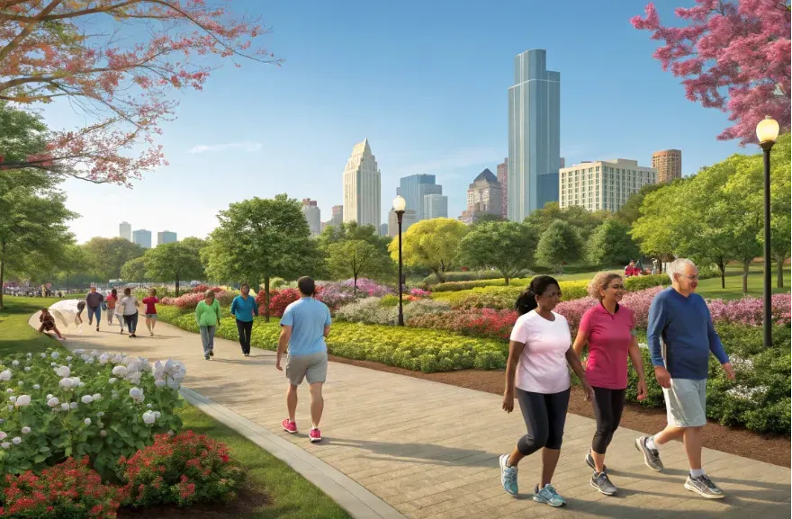 A group of diverse individuals engaging in a brisk walk through a vibrant park setting