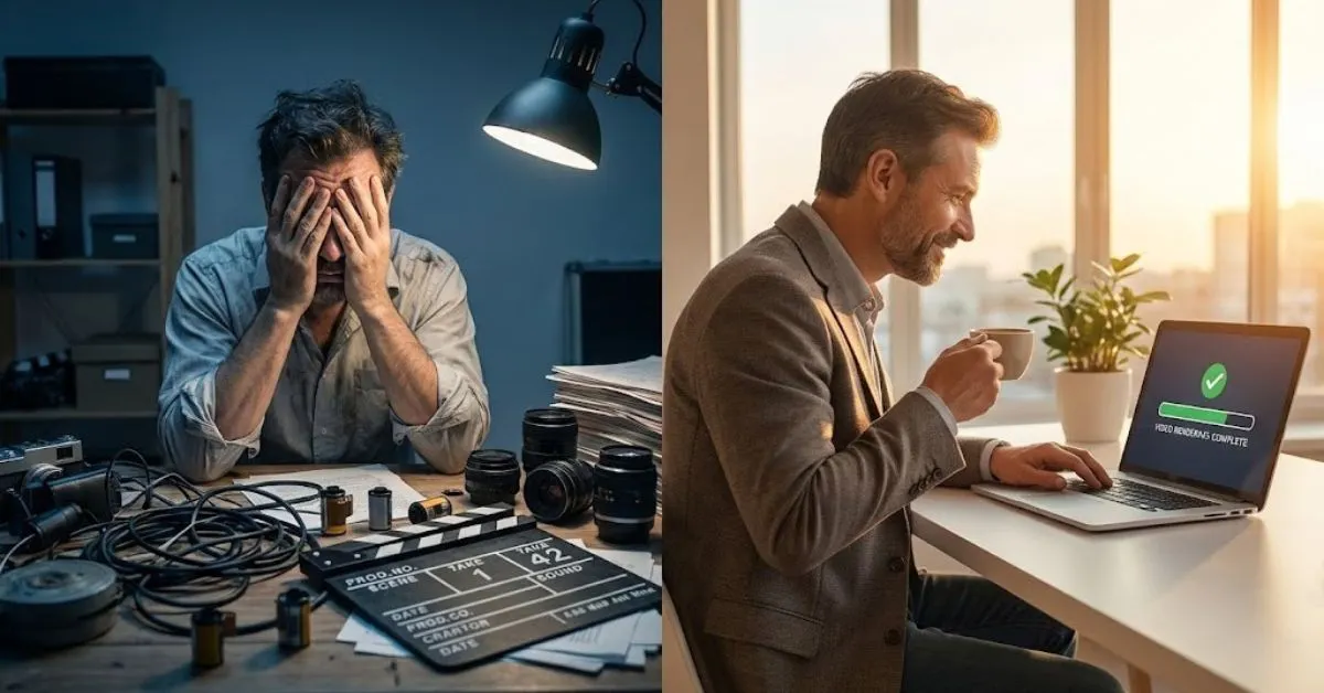 Comparison of stressed filmmaker vs efficient business owner using ai video generation tools.