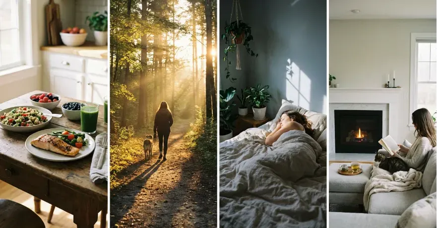 A balanced lifestyle scene showing healthy meals, walking outdoors, restful sleep, and relaxation in a calm home environment.