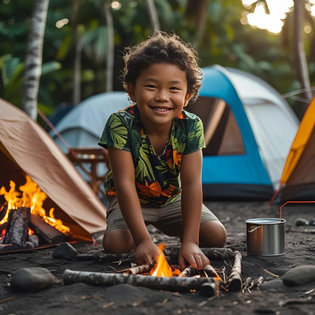 a boy setting up fire for his camping day