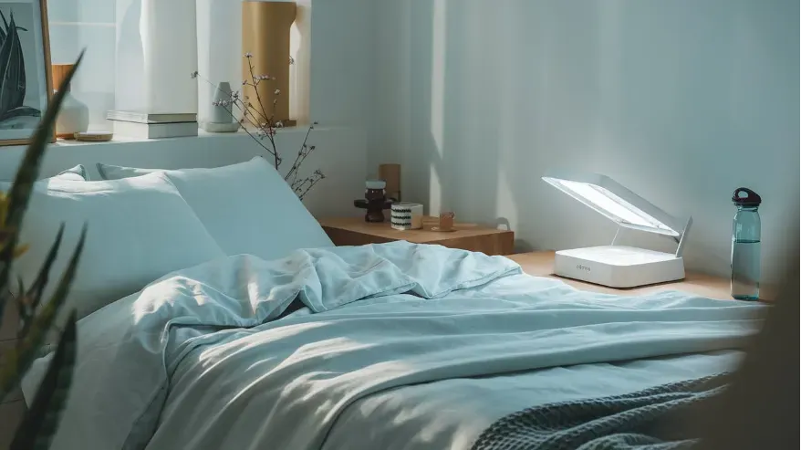 an image of a peaceful, sunlit bedroom in the early morning, featuring a neatly made bed, a light therapy box, and a water bottle. Emphasize a calm and inviting atmosphere