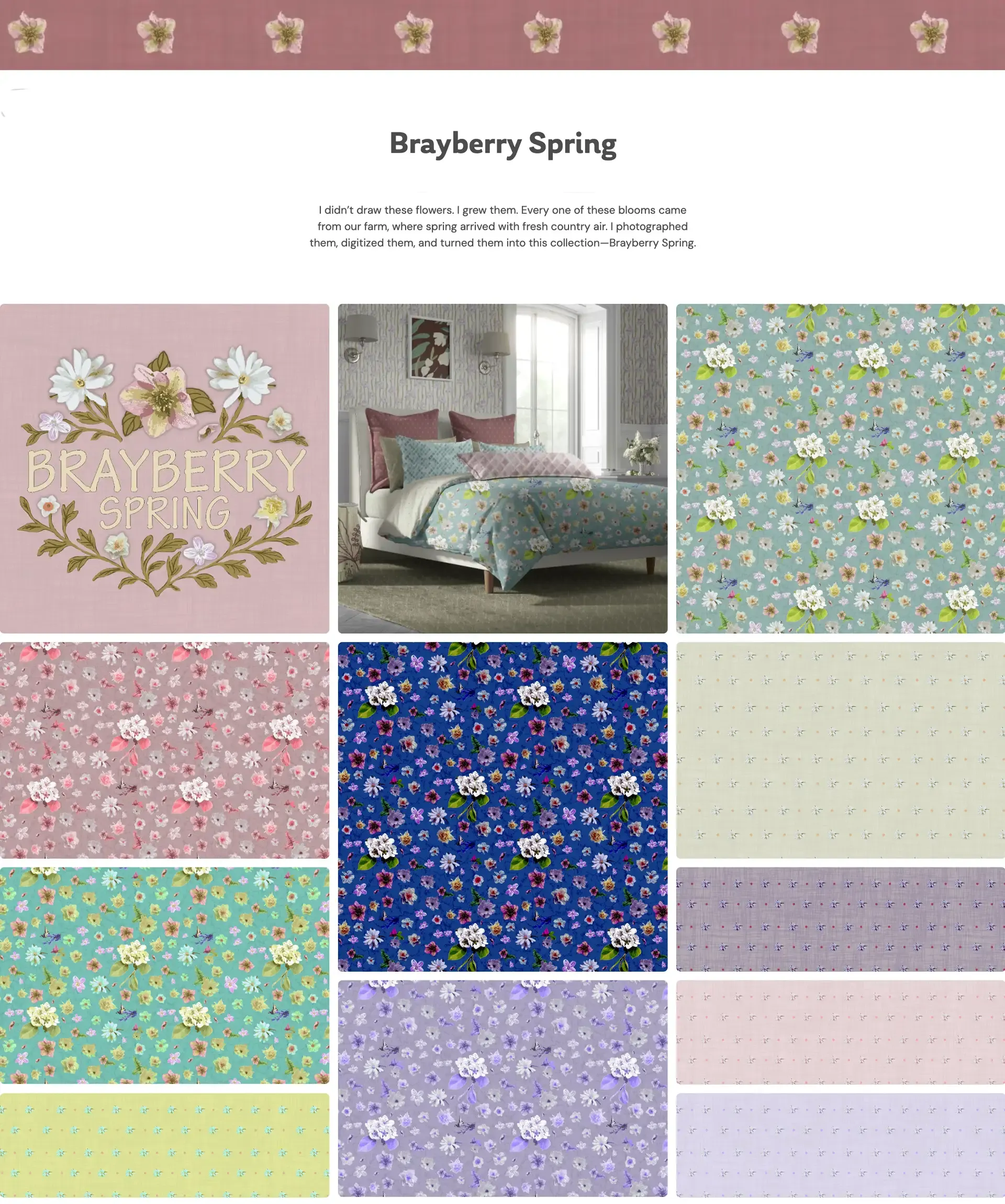 Brayberry Spring collection board featuring digitized floral repeat patterns made from real farm-grown blooms in soft pink, sky blue, cobalt, lavender, mint, cream, and pale yellow, with the collection logo, a bedroom bedding mockup, and multiple coordinating ditsy florals and tiny geometric blender prints.
