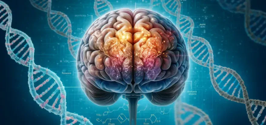  illustration of a brain with highlighted areas showing ApoE4 gene activity, set against a backdrop of DNA strands. 