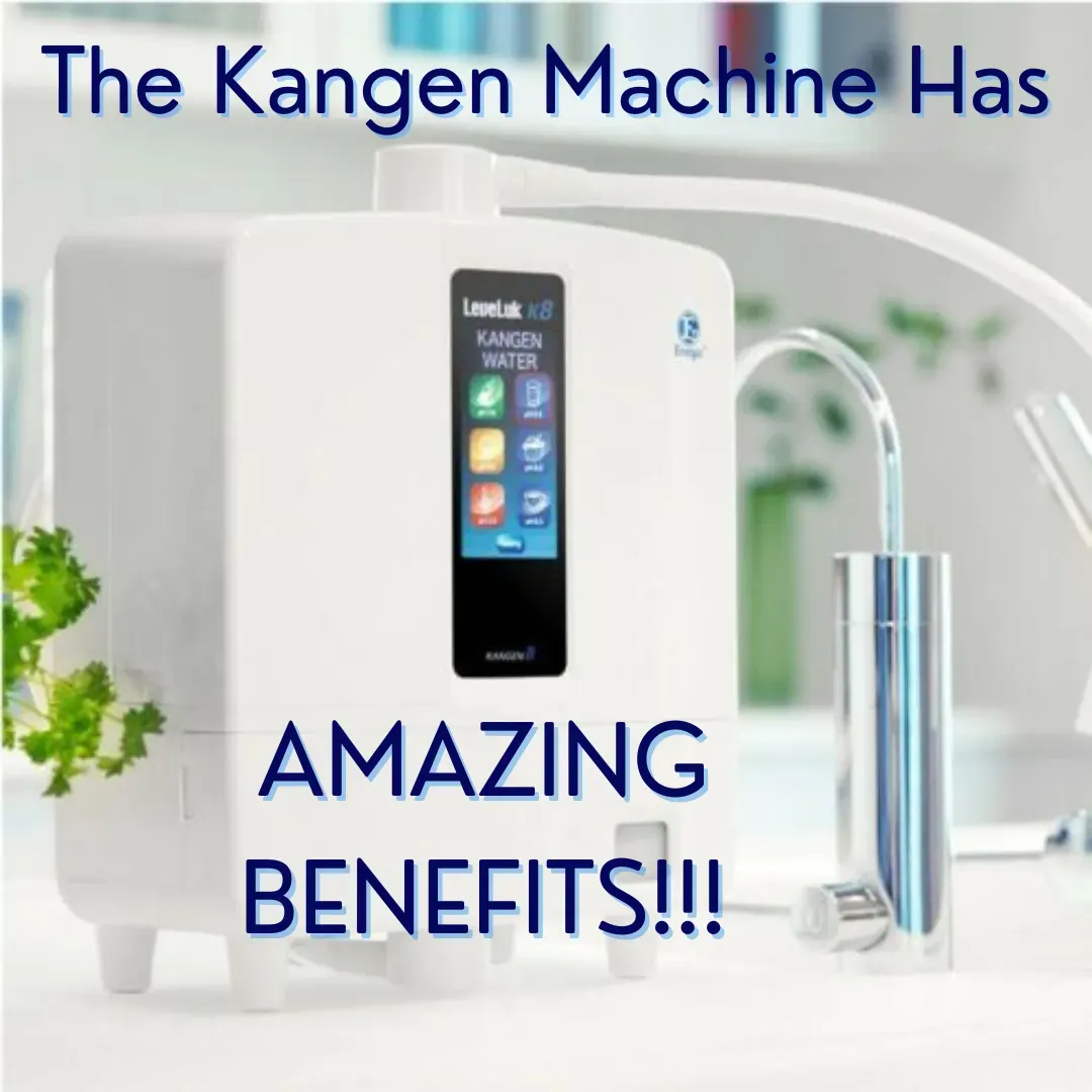 Promotional image featuring the Leveluk K8 Kangen Water ionizer machine on a clean, white kitchen counter, emphasizing its health benefits with the text 'The Kangen Machine Has AMAZING BENEFITS!!!' The machine's sleek design and the kitchen's modern decor suggest a healthy, contemporary lifestyle.
