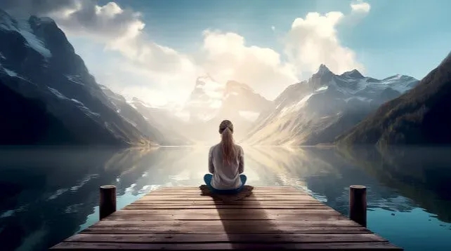 Woman sitting at edge of dock on a beautiful mountain lake