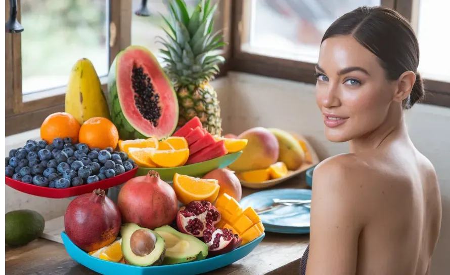 A vibrant fruit platter featuring blueberries, oranges, papayas, watermelon, pineapples, mangoes, pomegranates, and avocados, styled in a contemporary and colorful manner. The fruits are fresh, glistening under natural light, and arranged to showcase their colors and textures, symbolizing health and vitality. Setting is in a sunlight rustic breakfast nook on wooden table with an attractive smiling woman with smooth radiant skin standing near the table.