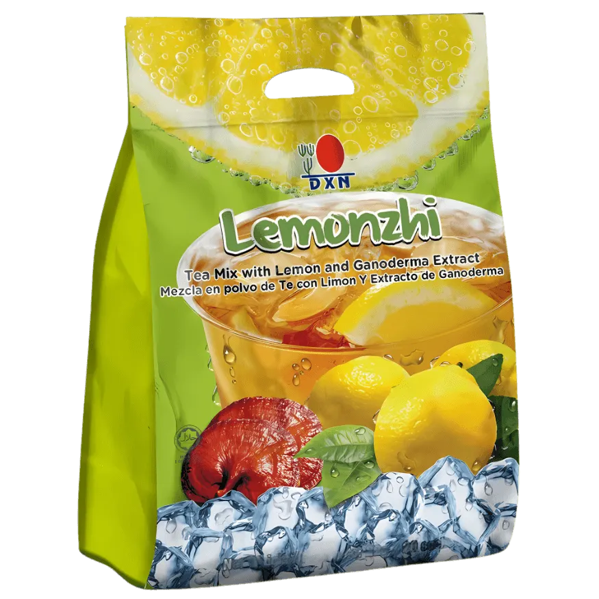Bolsa de Lemonzhi de DXN junto a un vaso refrescante, una bebida de té y limón con extracto de Ganoderma.