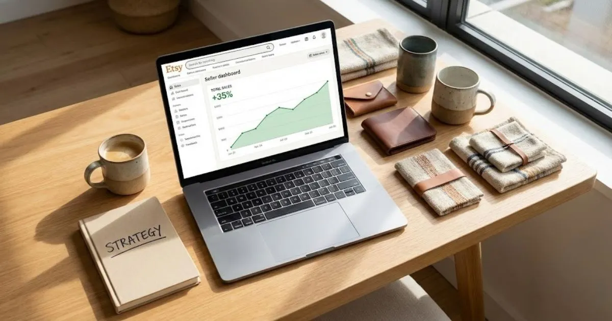 Modern desk setup with laptop showing increasing etsy sales graph.
