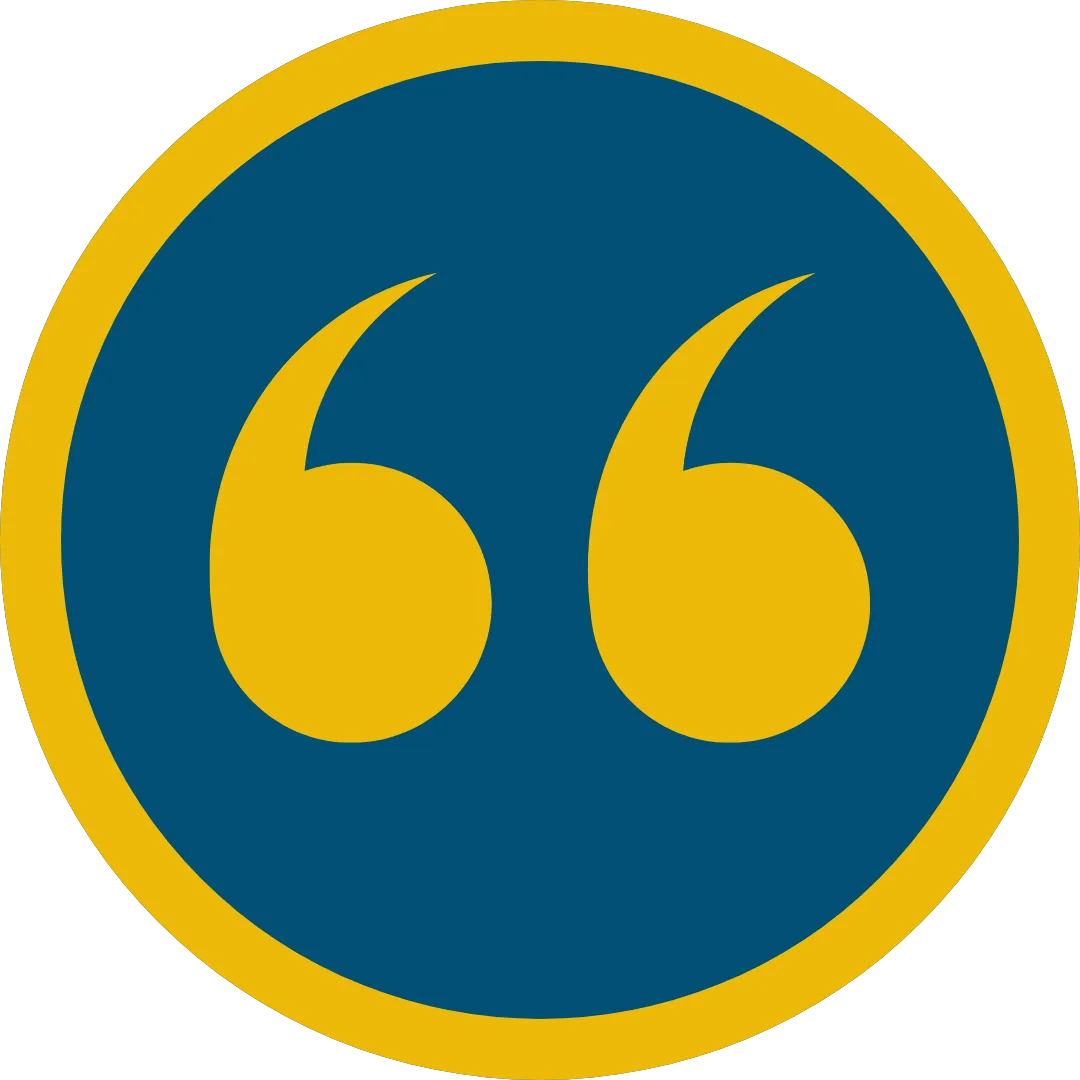 Graphic of a circular icon with two yellow quotation marks in the center, placed against a blue background. The icon is outlined by a yellow border, symbolizing communication or quotations.