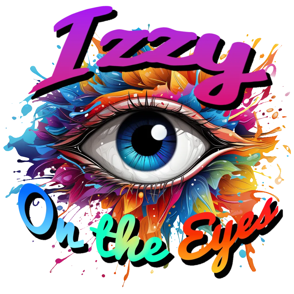 Izzy on the Eyes logo featuring a realistic blue eye surrounded by colorful paint splashes, with bold script text 'Izzy' and 'On the Eyes'