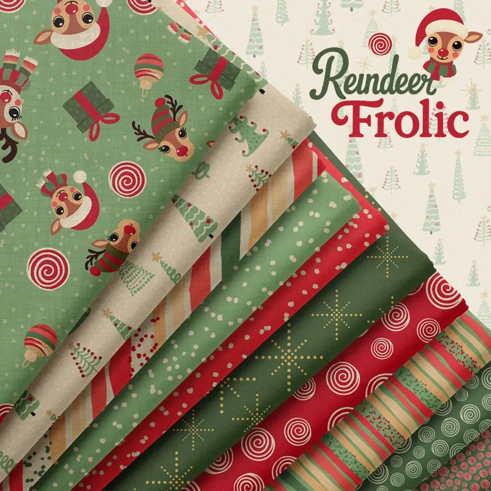 Reindeer Frolic surface pattern collection featuring playful reindeer, candy swirls, holiday gifts, Christmas trees, and coordinating prints in cheerful red, green, cream, and festive seasonal tones by Brayberry Design.