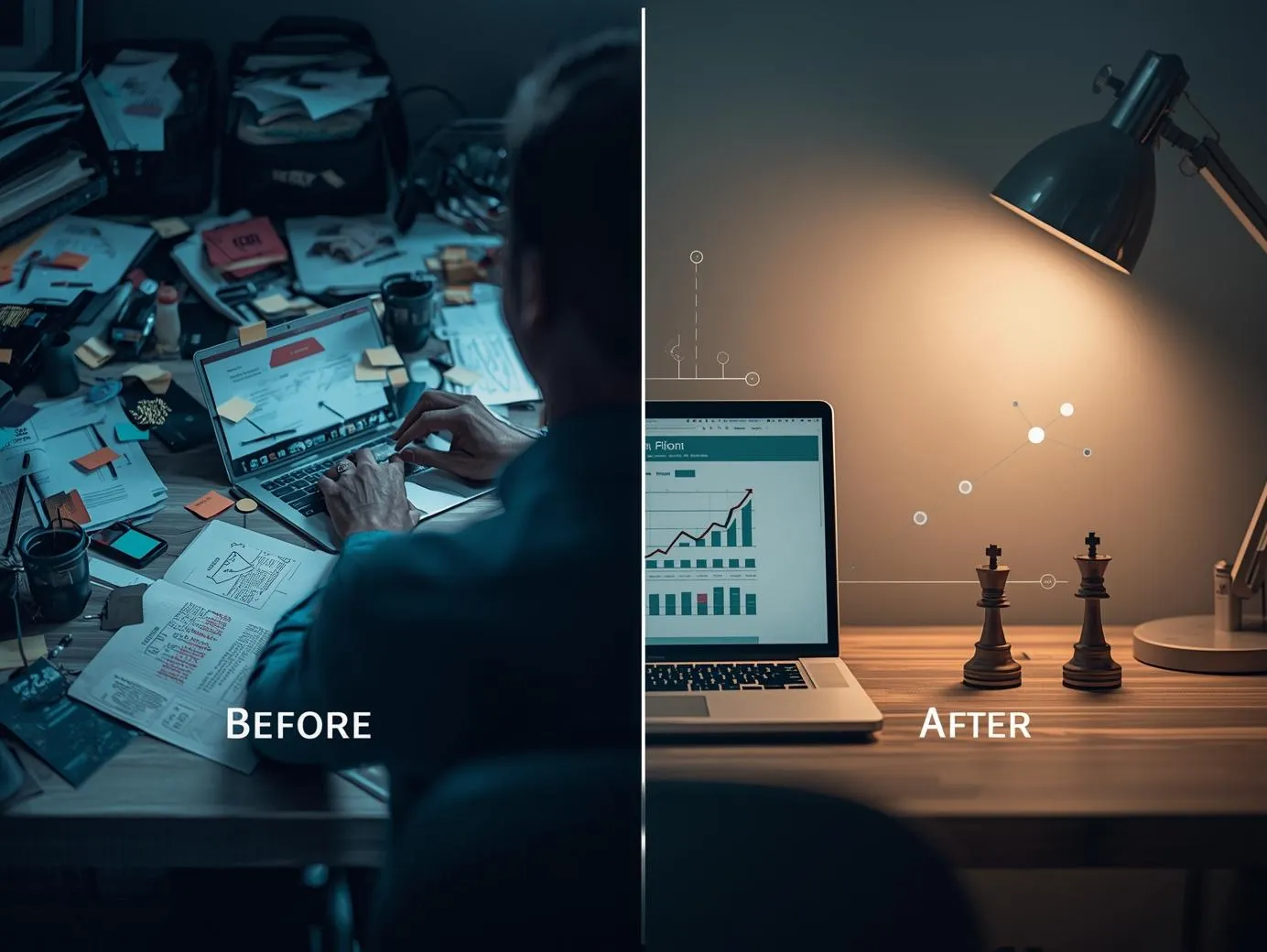 A split image contrasting a cluttered, chaotic desk with a clean, organized desk featuring a growth chart on a laptop, symbolizing the transformation from overwhelm to strategic success using an AI content creation playbook.