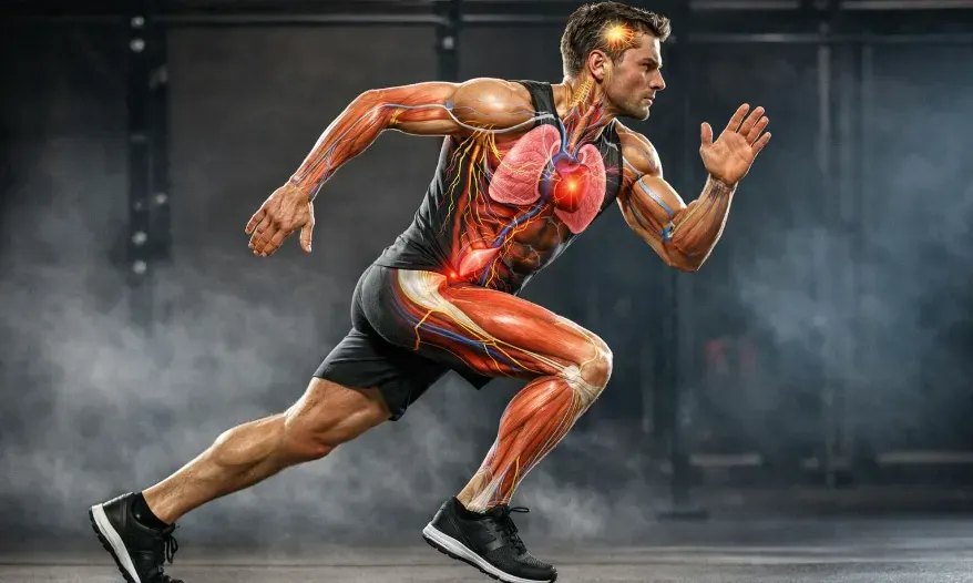 Whole-body physiological response to exercise affecting muscles, hormones, and metabolism