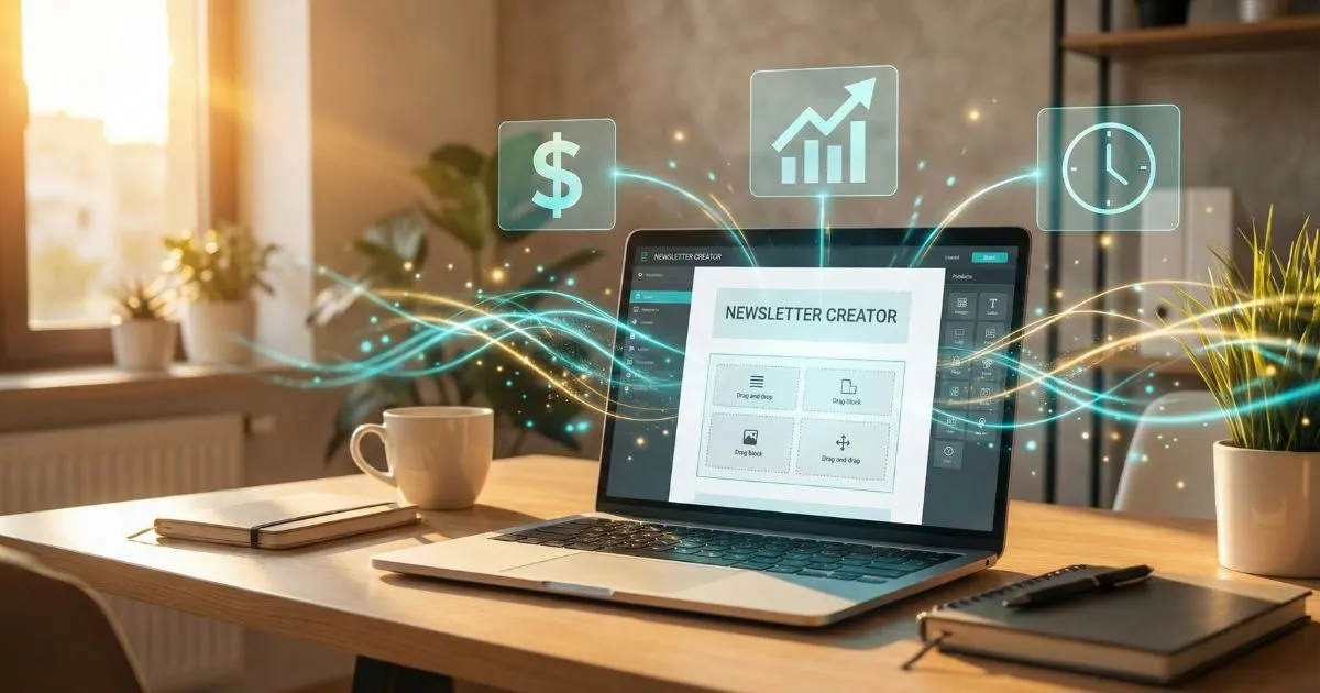 Laptop showing newsletter software with abstract glowing lines representing AI efficiency and profit.