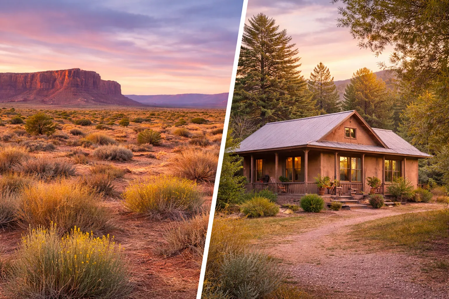 Split image showing New Mexico desert vacant land on the left and a small home in a wooded setting on the right.