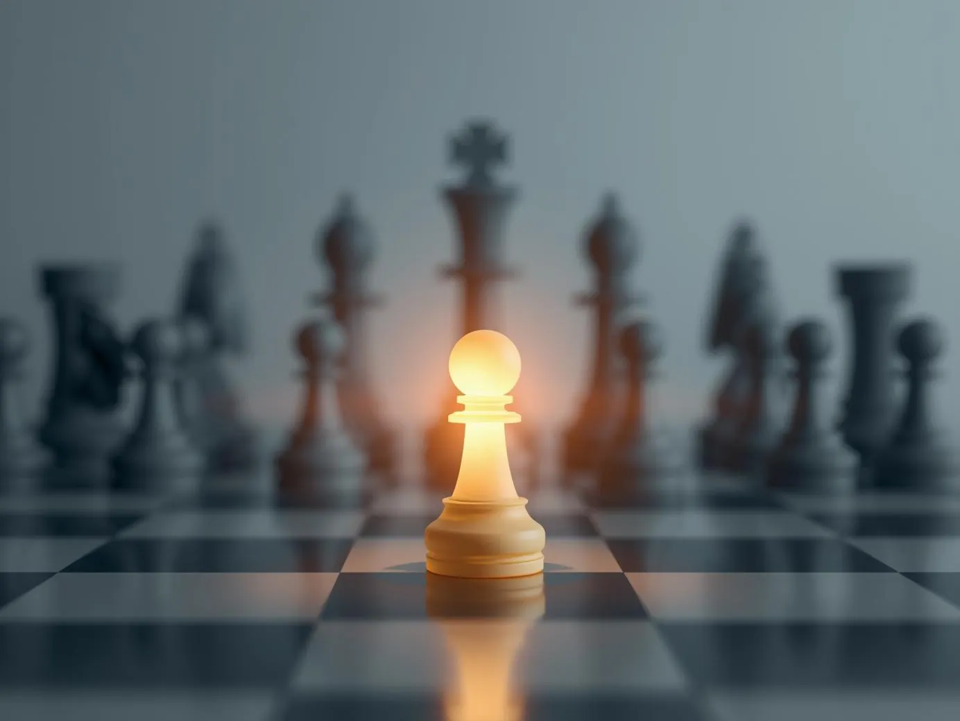 A single solopreneur, represented by a glowing pawn, uses AI for small businesses to strategically compete against larger teams.