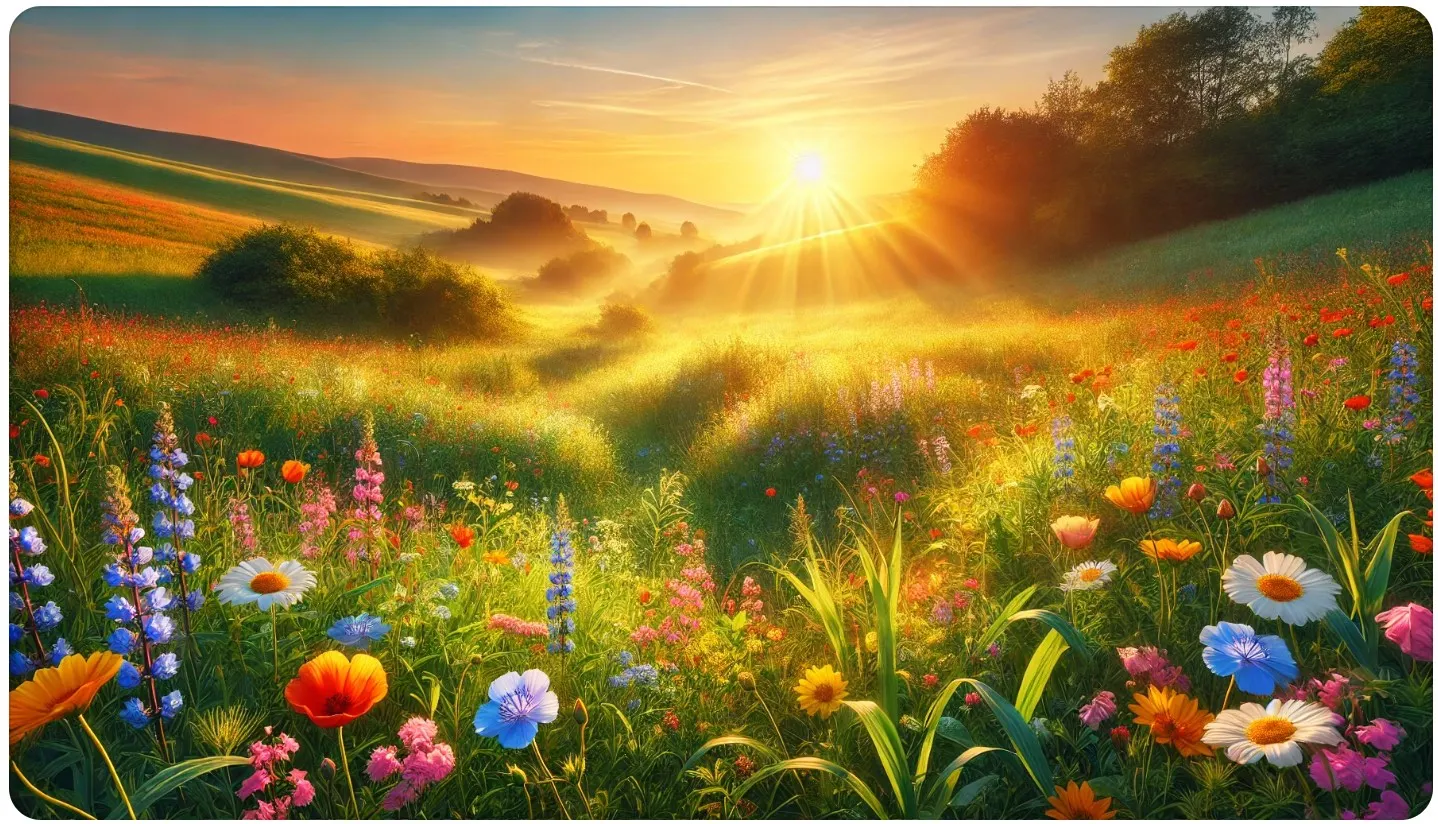 A tranquil meadow at dawn, with golden sunlight spreading across rolling hills and colorful wildflowers, evoking a sense of abundance and harmony in nature.