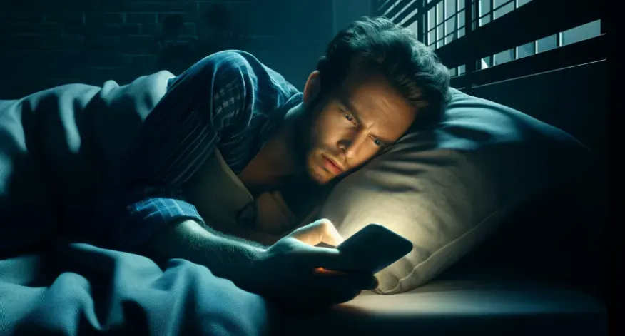 A stressed man in bed checking their phone late at night with visible frustration.