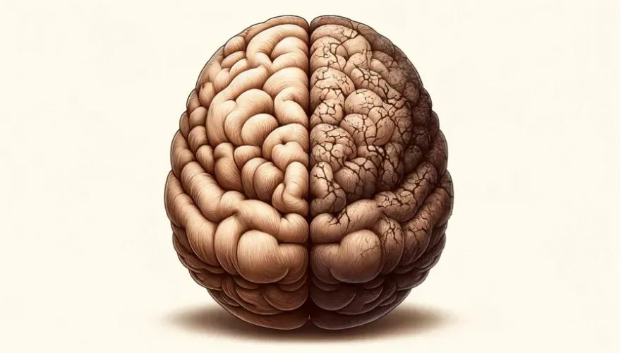 A brain with one side healthy and the other side damaged