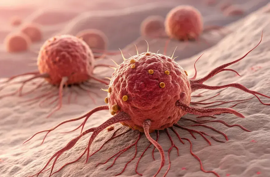 This image is a highly detailed, close-up 3D medical illustration of cancer cells. The cells appear in a reddish hue with an irregular, aggressive structure, showcasing their invasive nature.