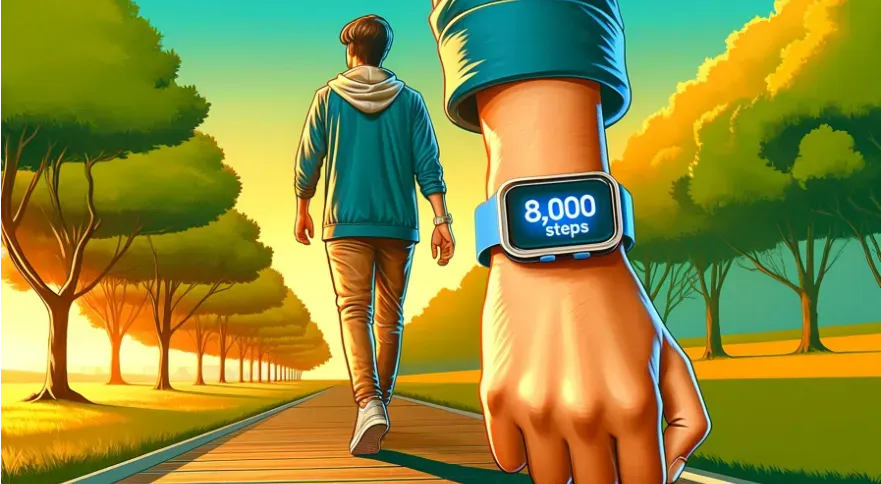 a person in casual attire taking a brisk walk through a park, with a step counter on their wrist displaying 8,000 steps.