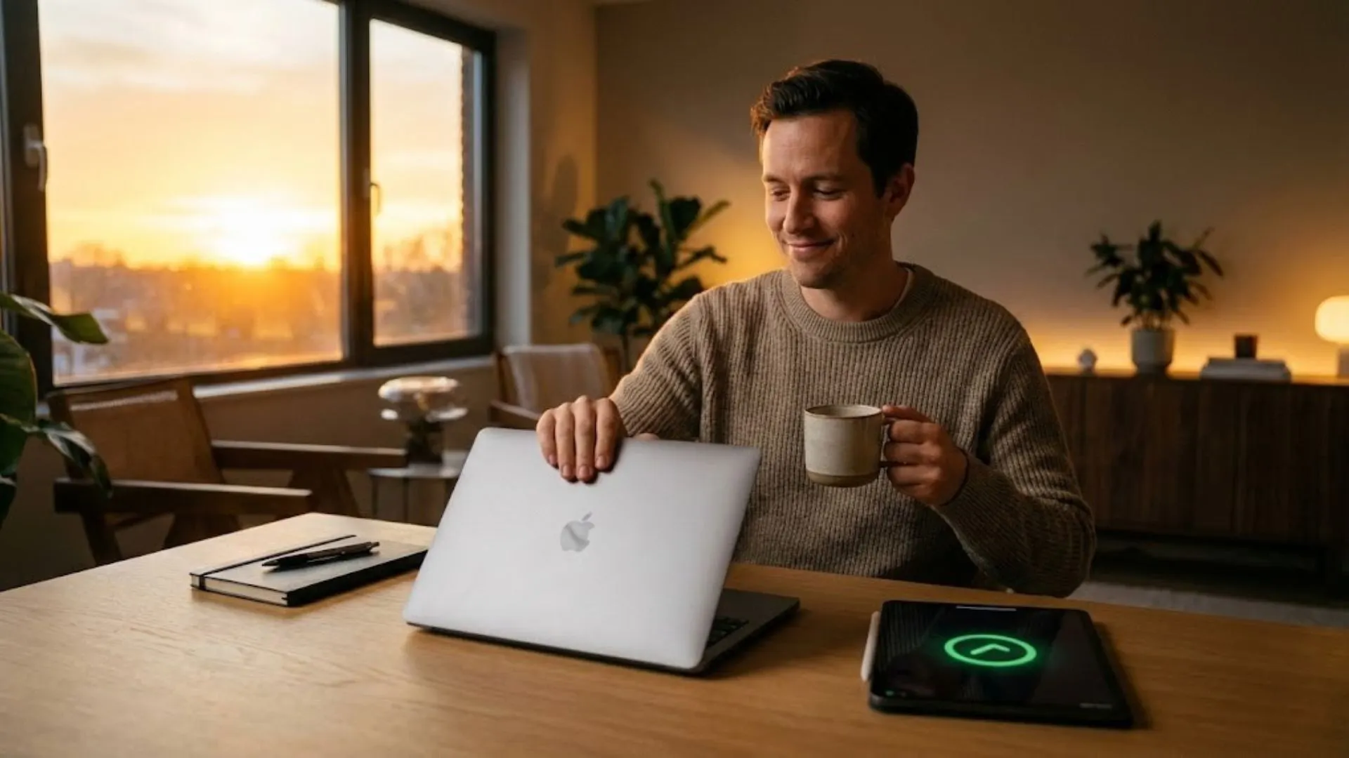 Solopreneur closing laptop at sunset after finishing work early using AI tools.