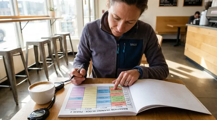 Adult athlete reviewing a training plan with visible structure, representing intentional workout frequency.