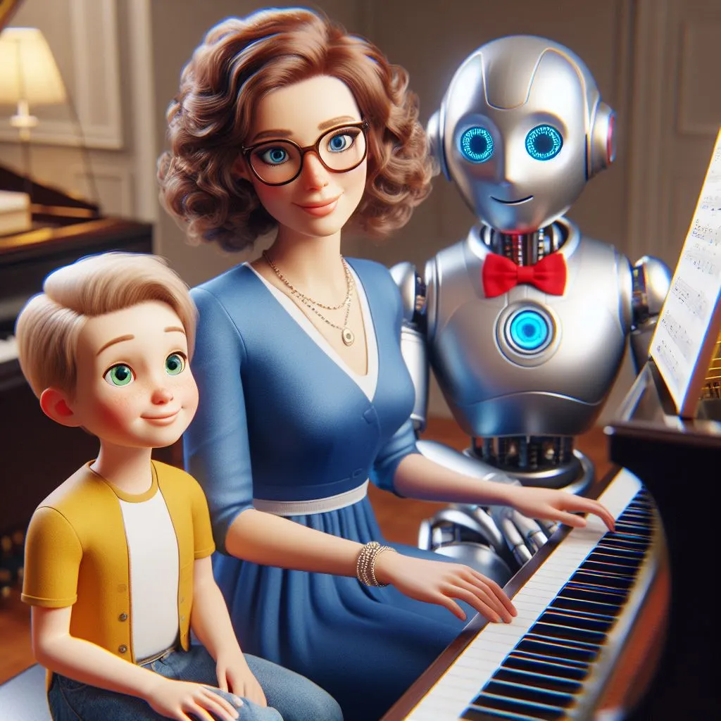 Piano teacher with AI robot and a student