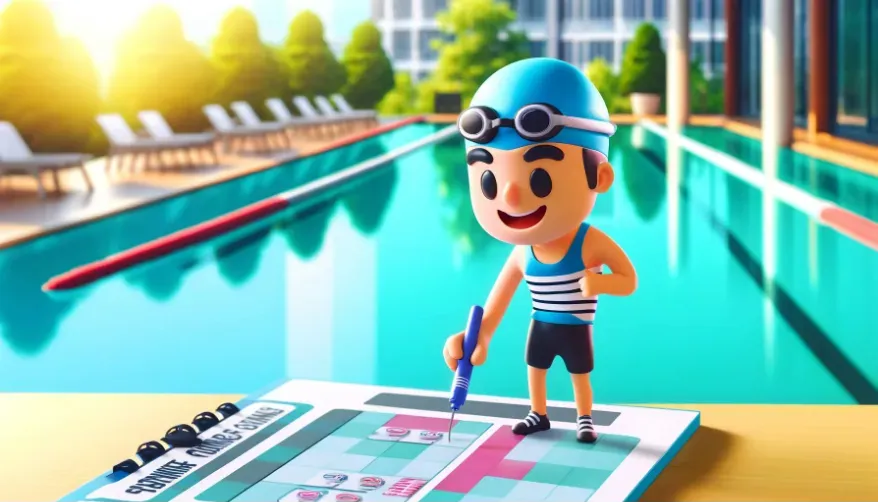 A cartoon of a man at the side of a pool planning swimming routine.