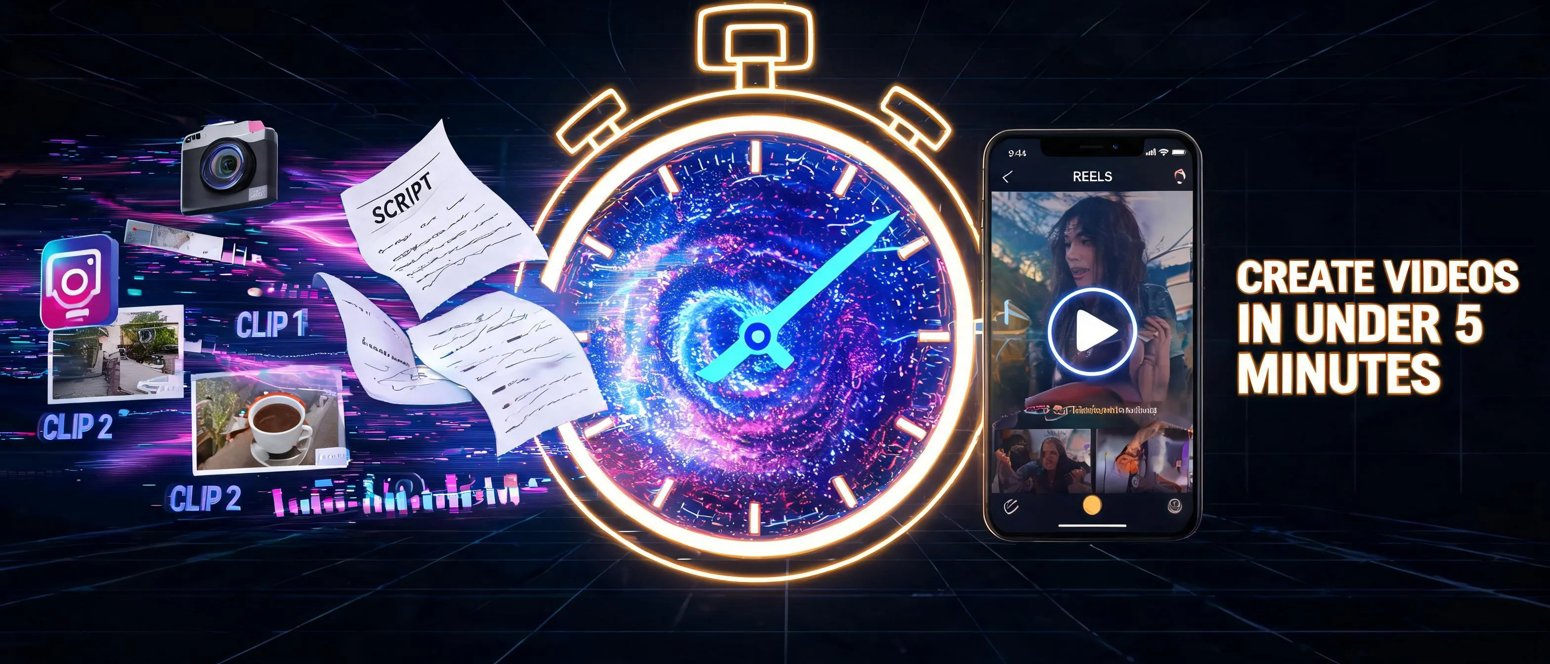 Cinematic stopwatch portal representing fast video creation process with digital clips and templates transforming into a finished video in under five minutes using AI tools