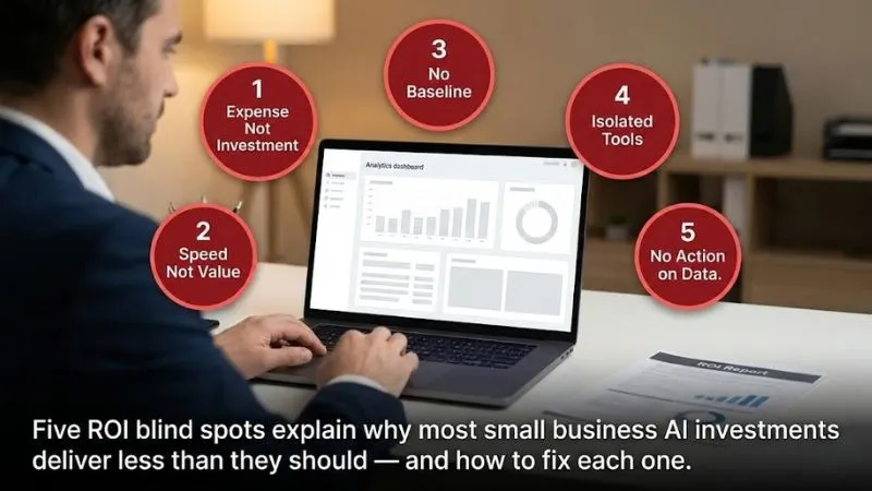 Business owner ignoring AI ROI with 5 costly implementation mistake badges surrounding a blank analytics screen 
