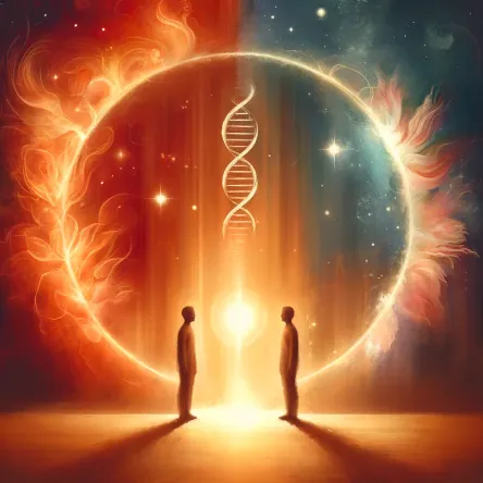 An abstract, warm-toned digital artwork representing the energetic blueprint of two souls—father and son—entangled in sacred geometry, embodying Human Design and Gene Keys patterns